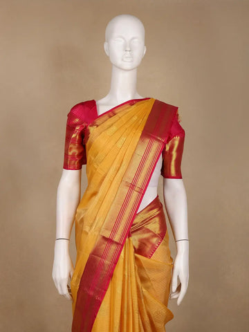 Yelllow Floral And Stripes Woven Pure Kanchipuram Silk Saree - Diadem