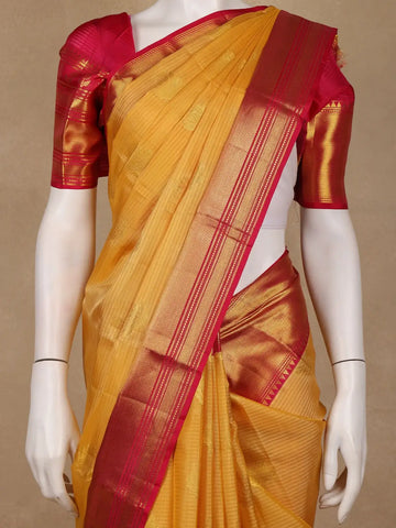 Yelllow Floral And Stripes Woven Pure Kanchipuram Silk Saree - Diadem