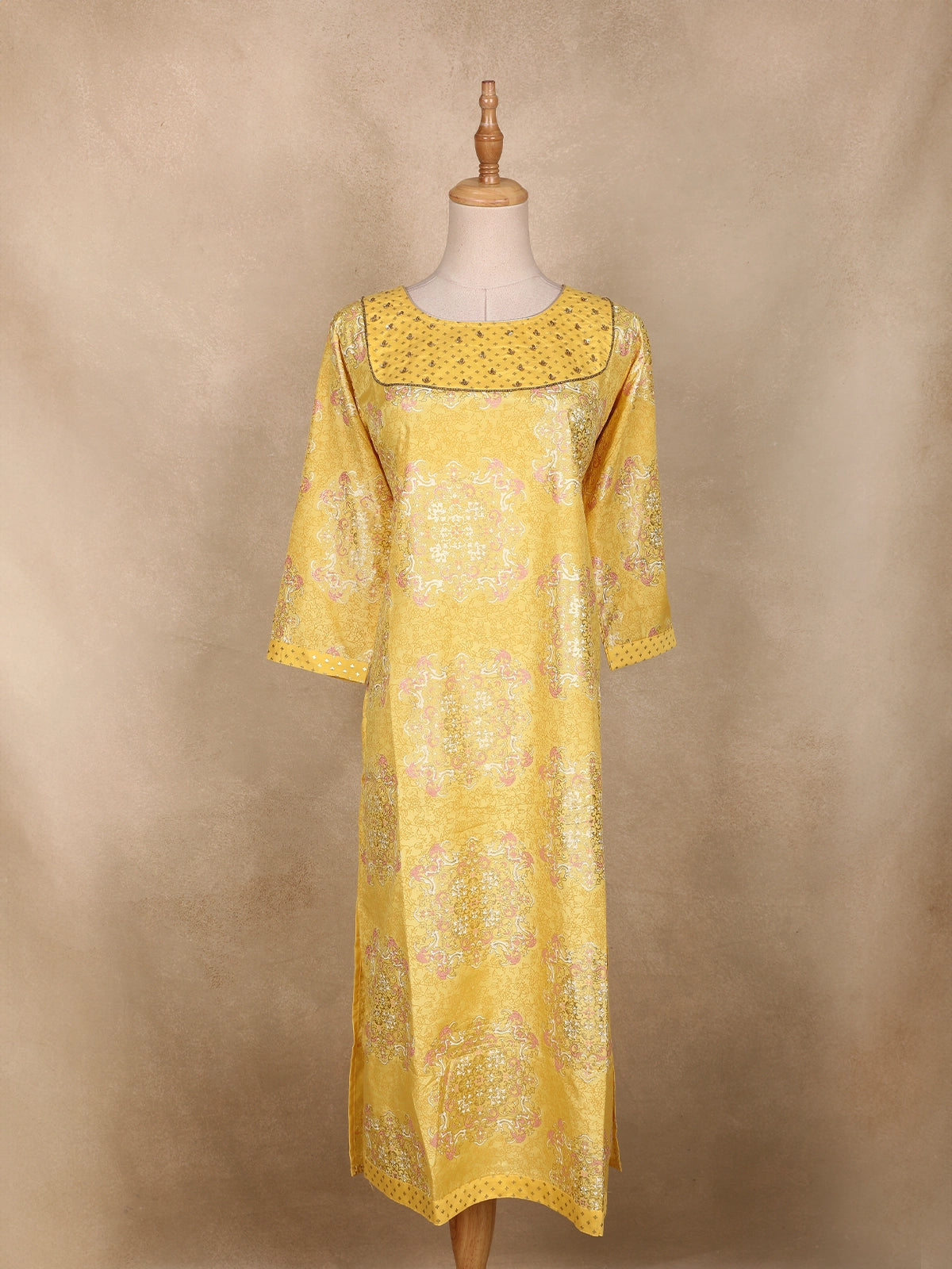 Yellow Brocade Printed Design Cotton Kurti
