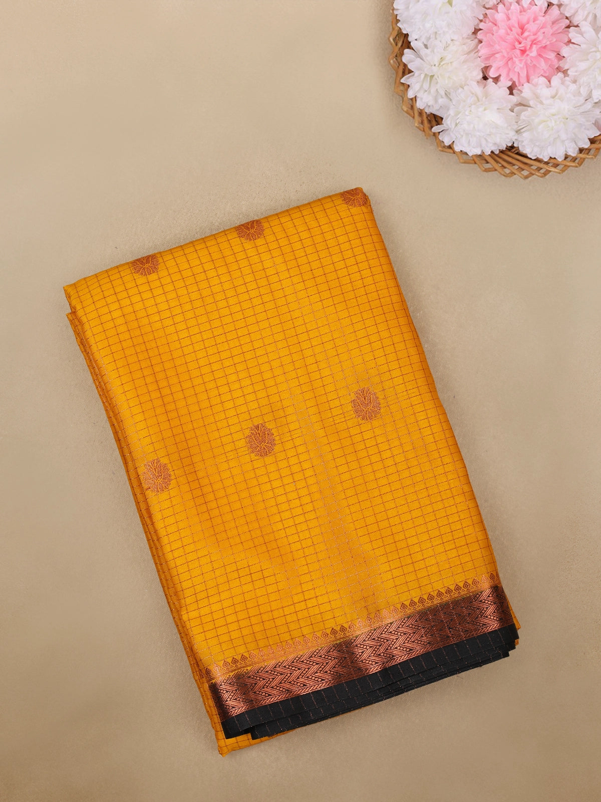 Yellow Checks Woven Design Mysore Silk Saree With Contrast Black Border