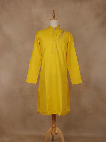 Yellow Embroidered Cotton Kurta for Men - Diadem