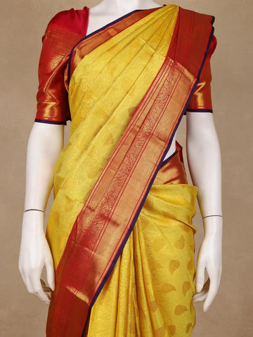 Yellow Floral Brocade Woven Pure Kanchipuram Silk Saree - Diadem