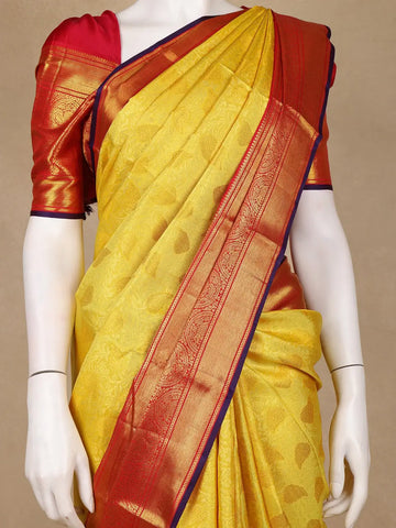 Yellow Floral Brocade Woven Pure Kanchipuram Silk Saree - Diadem