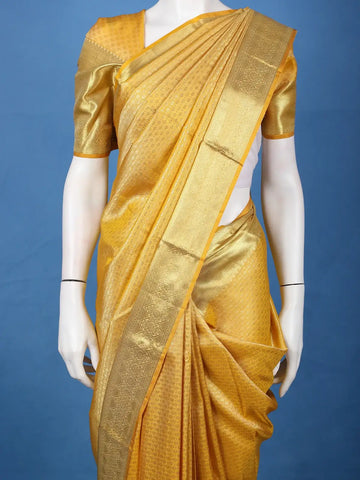 Yellow Floral Butta Woven Pure Kanchipuram Silk Saree With Zari Border - Diadem