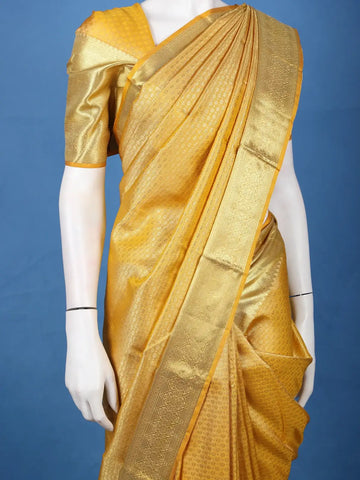 Yellow Floral Butta Woven Pure Kanchipuram Silk Saree With Zari Border - Diadem
