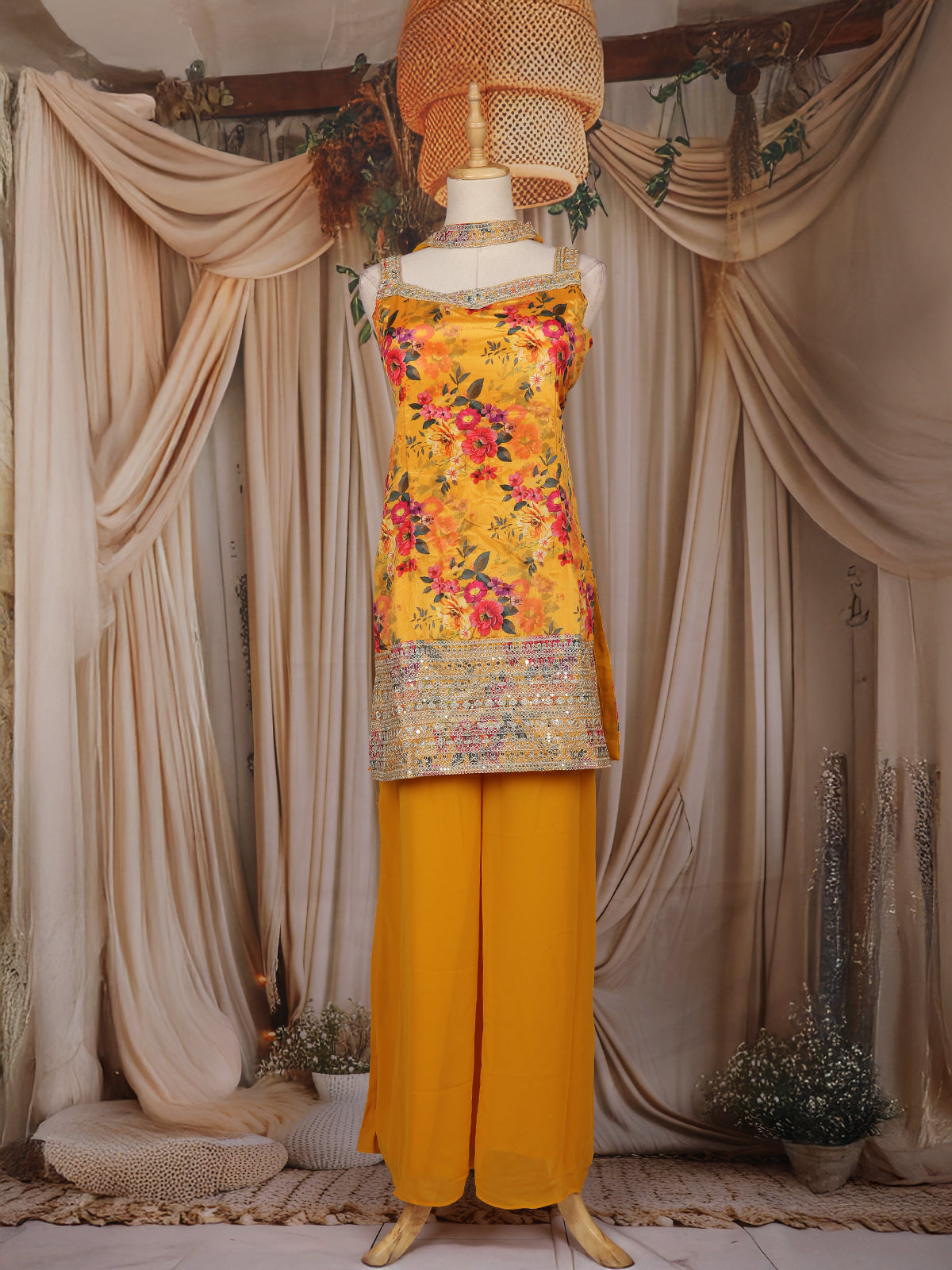 Yellow Floral Design Chiffon Palazzo Suit with Dupatta