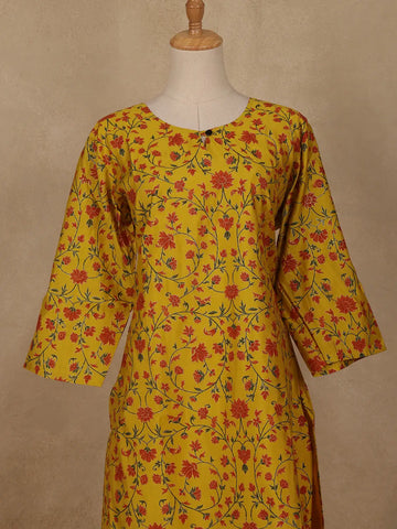 Yellow Floral Design Cotton Kurti - Diadem