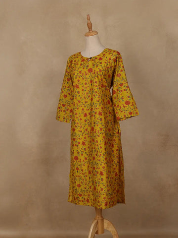 Yellow Floral Design Cotton Kurti - Diadem