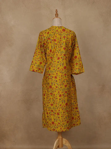 Yellow Floral Design Cotton Kurti - Diadem
