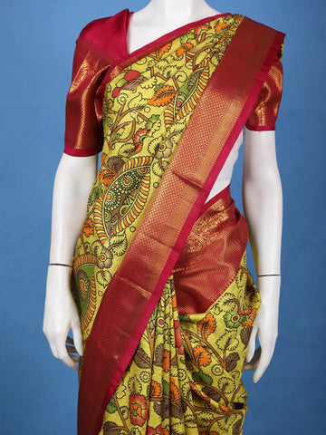 Yellow Floral Design Woven Pure Kanchipuram Silk Saree With Zari Border - Diadem