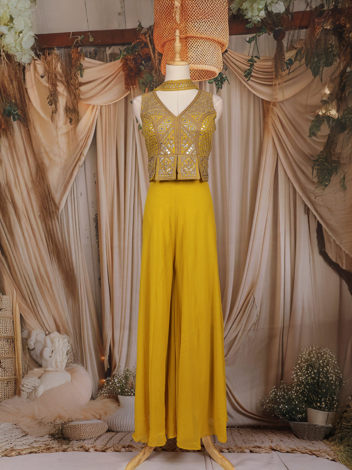Yellow Floral and Geometric Embroidered Georgette Palazzo Suit