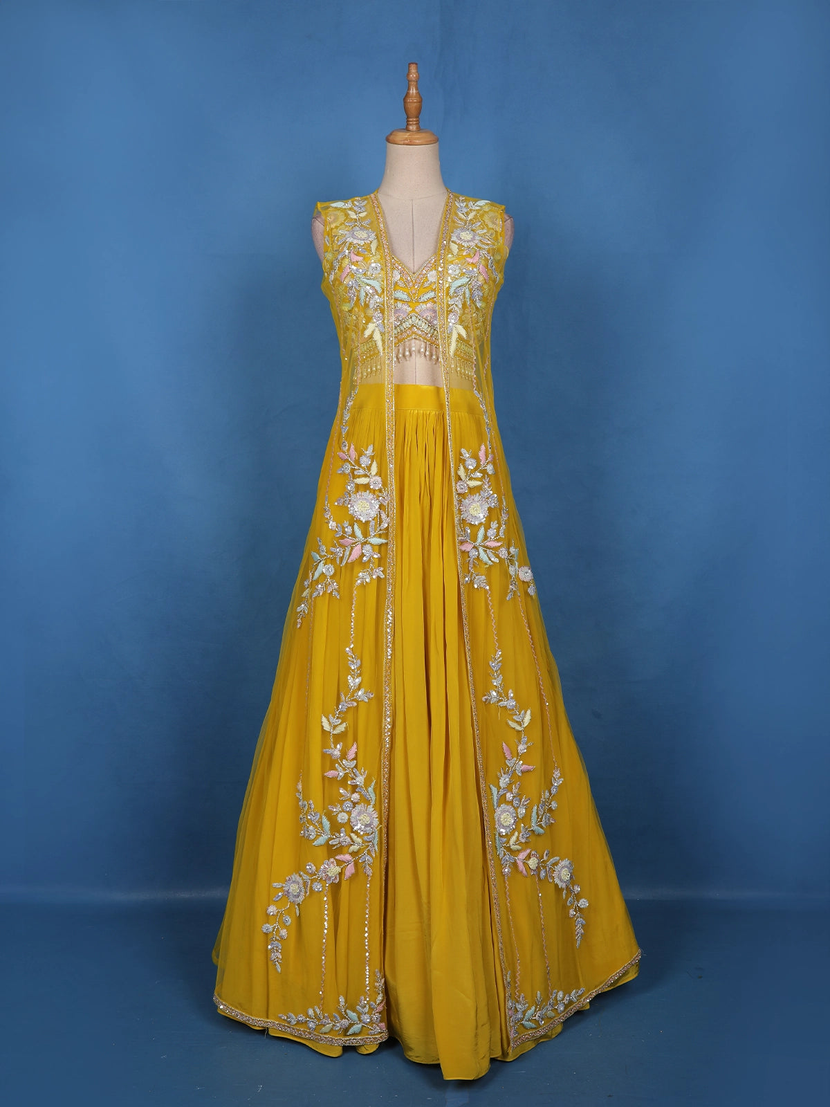 Yellow Floral Embroidered Net Lehenga Set