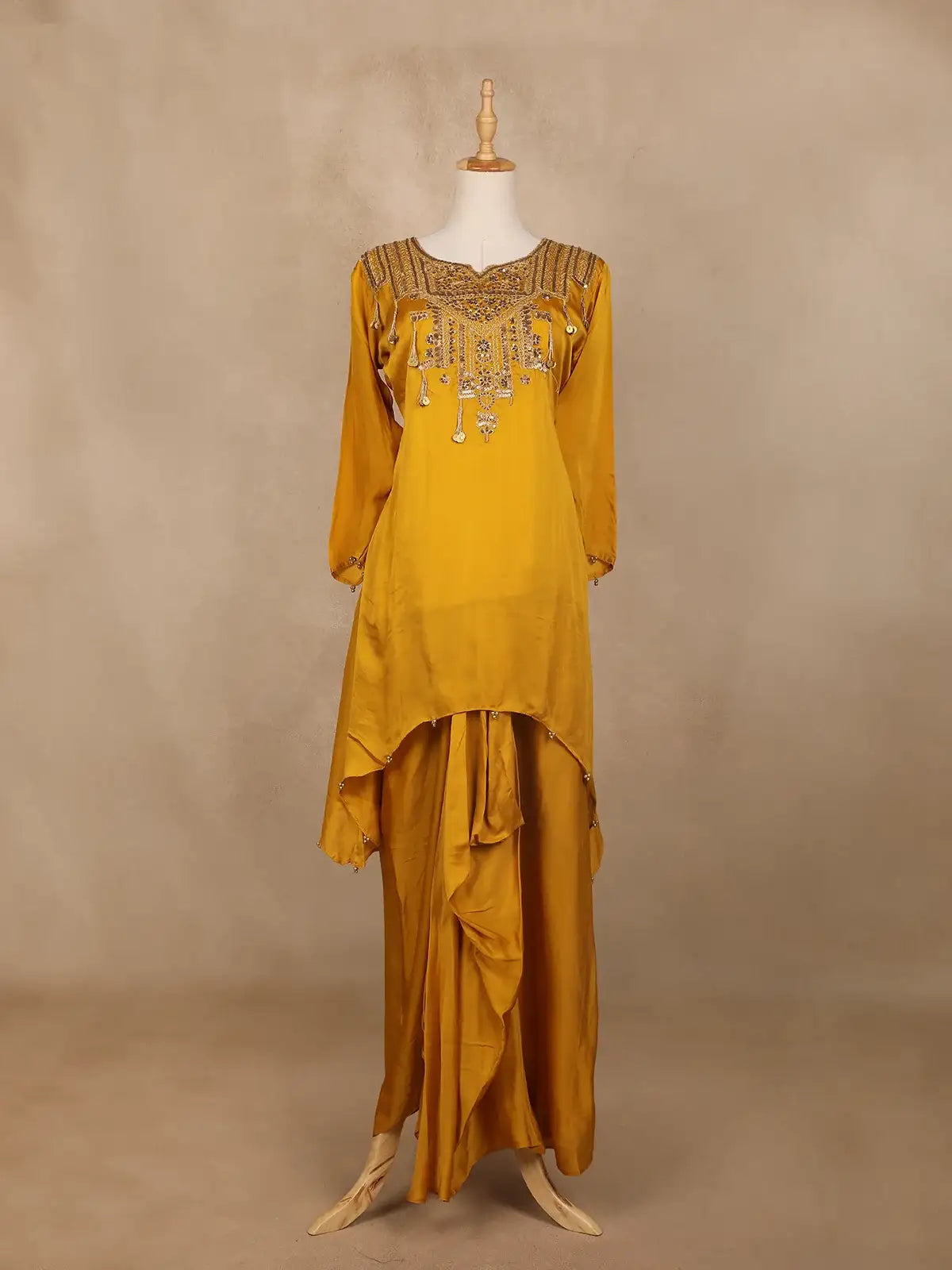 Yellow Floral Motif Sequins Design Synthetic Skirt Top - Diadem