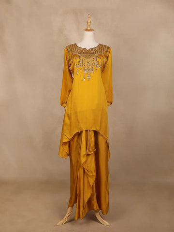 Yellow Floral Motif Sequins Design Synthetic Skirt Top - Diadem