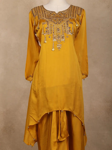 Yellow Floral Motif Sequins Design Synthetic Skirt Top - Diadem