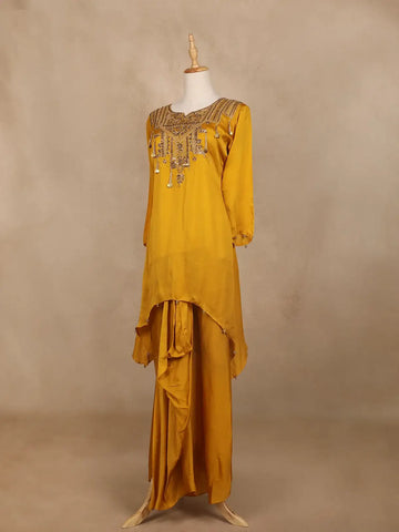 Yellow Floral Motif Sequins Design Synthetic Skirt Top - Diadem