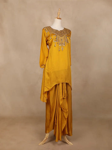 Yellow Floral Motif Sequins Design Synthetic Skirt Top - Diadem