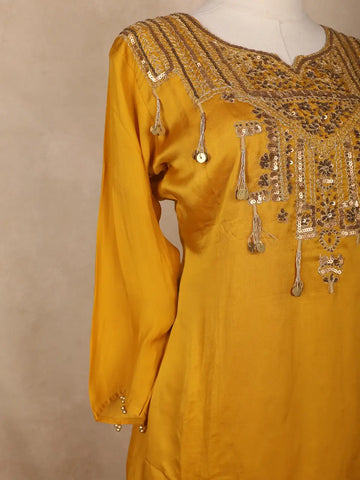 Yellow Floral Motif Sequins Design Synthetic Skirt Top - Diadem