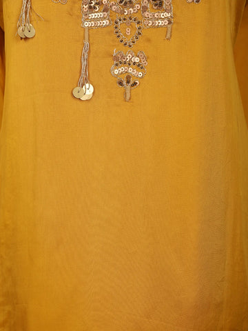 Yellow Floral Motif Sequins Design Synthetic Skirt Top - Diadem