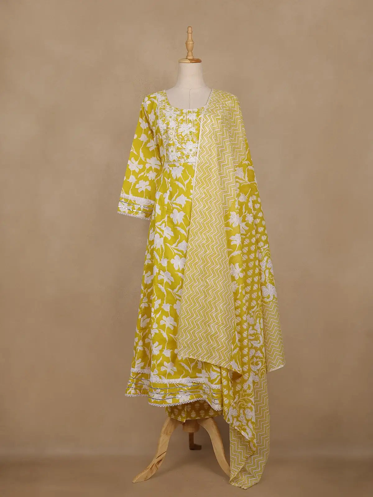 Yellow Floral Printed Cotton Salwar Suit With Dupatta - Diadem