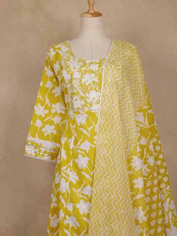 Yellow Floral Printed Cotton Salwar Suit With Dupatta - Diadem