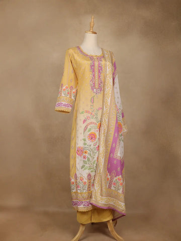 Yellow Floral Printed Cotton Salwar Suit With Dupatta - Diadem