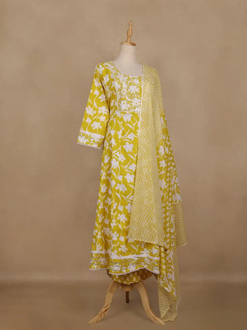 Yellow Floral Printed Cotton Salwar Suit With Dupatta - Diadem