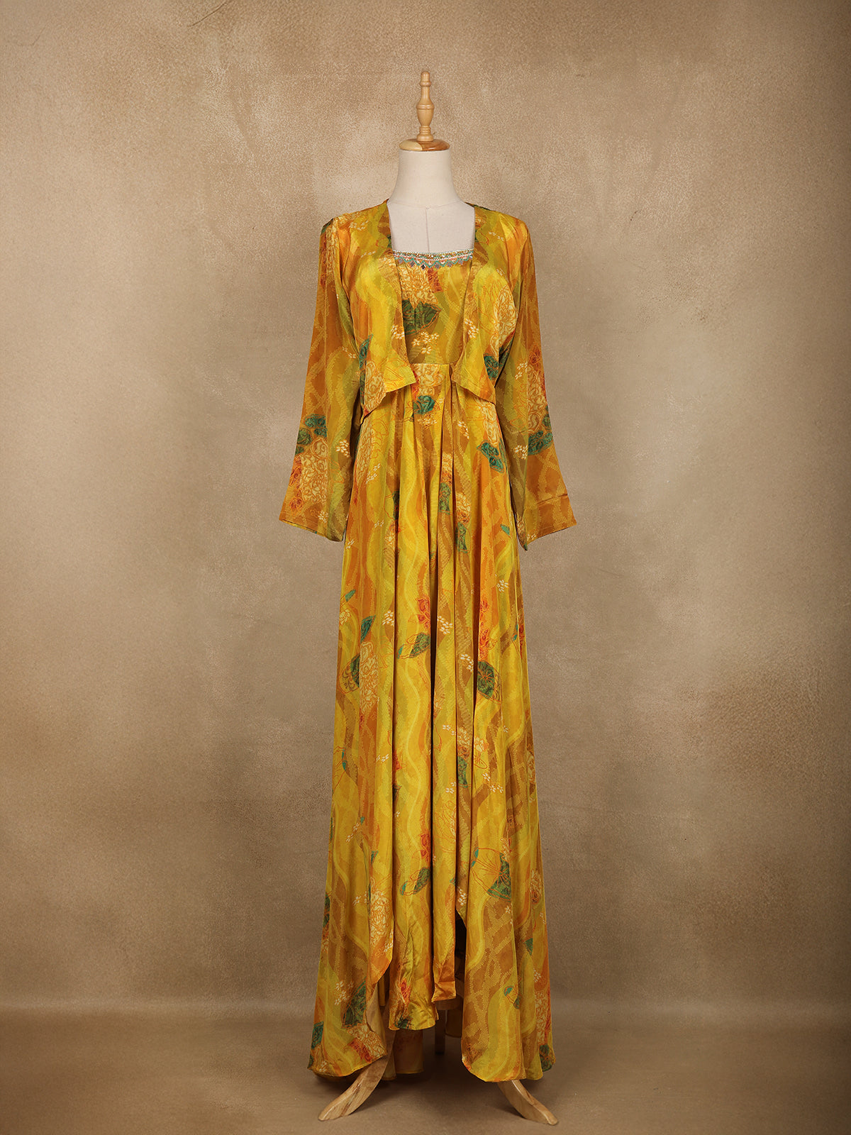 Yellow Floral Printed Crepe Gown