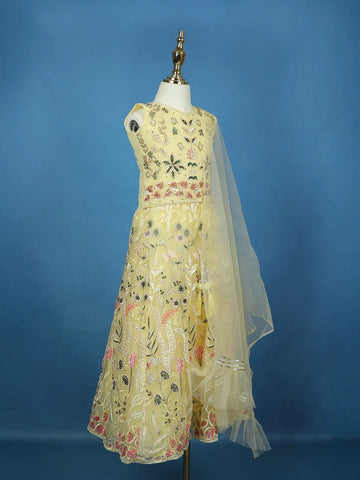 Yellow Floral Sequins Embroidered Net Kids Lehenga With Dupatta - Diadem