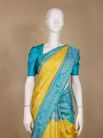 Yellow Floral Woven Pure Kanchipuram Silk Saree - Diadem