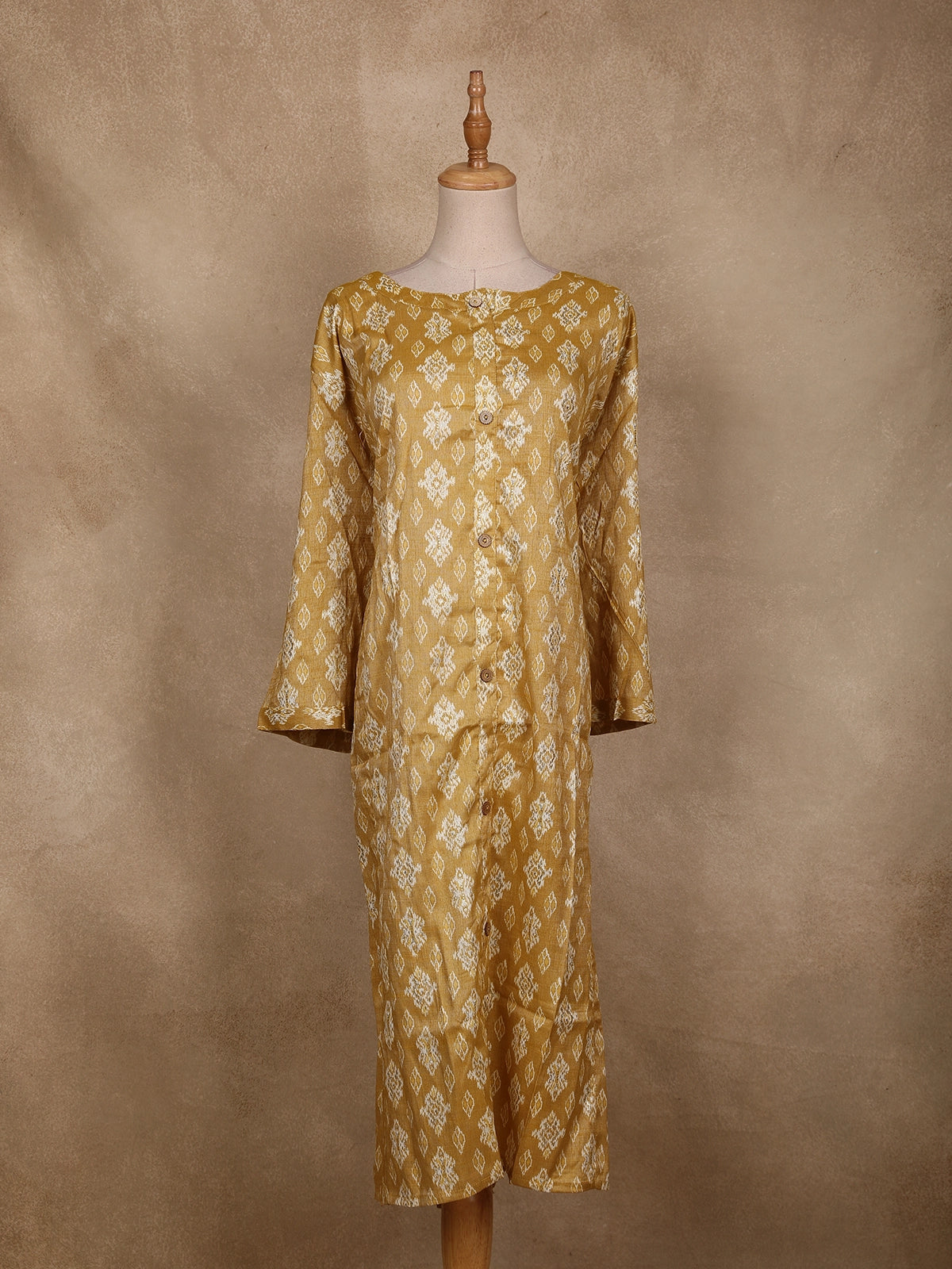 Yellow Ikat Design Cotton Kurti with Button Detailing