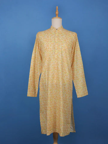 Yellow Leaf Printed Cotton Kurta - Diadem