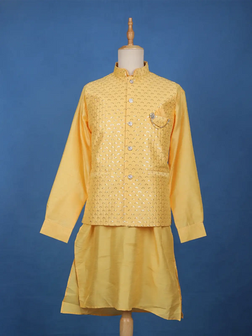 Yellow Sequin Embroidered Brocade Kurta Pyjama - Diadem