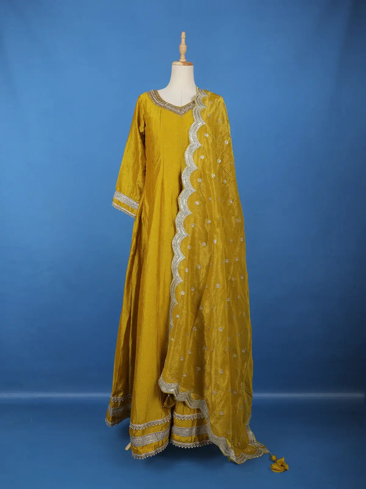 Yellow Stone Embellished Georgette Anarkali Suit With Scalloped Dupatta - Diadem