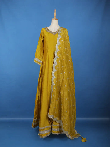 Yellow Stone Embellished Georgette Anarkali Suit With Scalloped Dupatta - Diadem