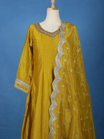 Yellow Stone Embellished Georgette Anarkali Suit With Scalloped Dupatta - Diadem