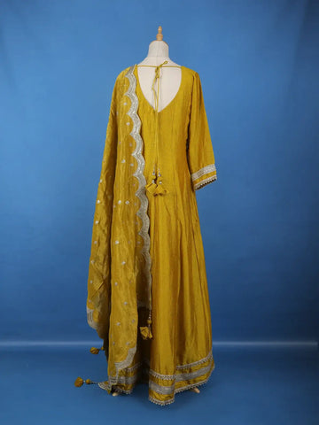 Yellow Stone Embellished Georgette Anarkali Suit With Scalloped Dupatta - Diadem