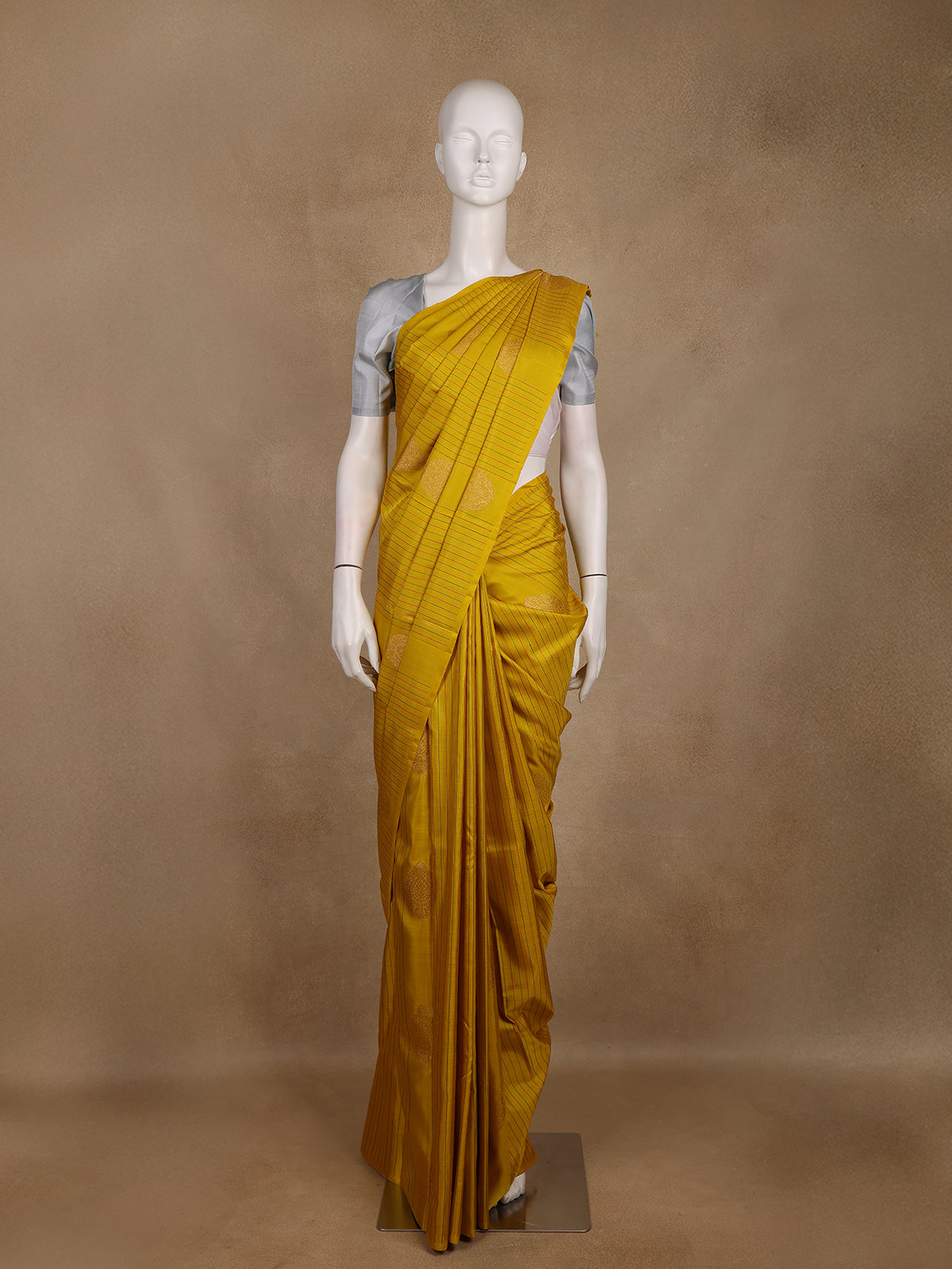 Yellow Stripes And Butta Woven Pure Kanchipuram Silk Saree