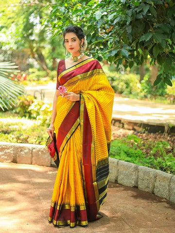 Yellow Checkered Design Pure Kanchipuram Silk Saree - Diadem