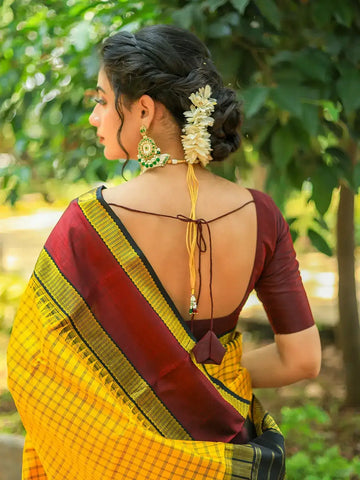 Yellow Checkered Design Pure Kanchipuram Silk Saree - Diadem