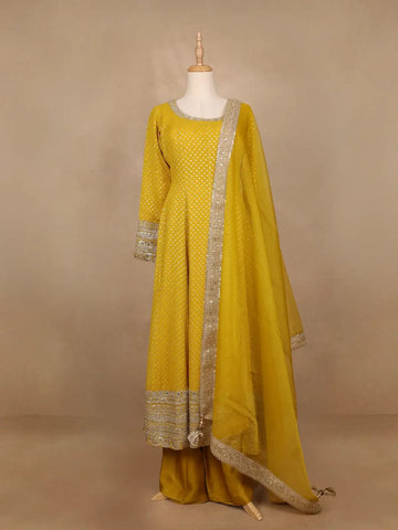 Yellow Dotted Design Georgette Anarkali Salwar Suit - Diadem