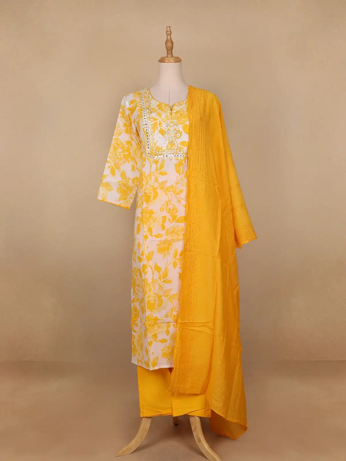 Yellow Floral Designed Cotton Salwar Suit - Diadem