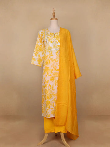 Yellow Floral Designed Cotton Salwar Suit - Diadem