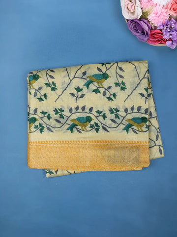 Yellow Floral Designed Fancy Cotton Saree - Diadem