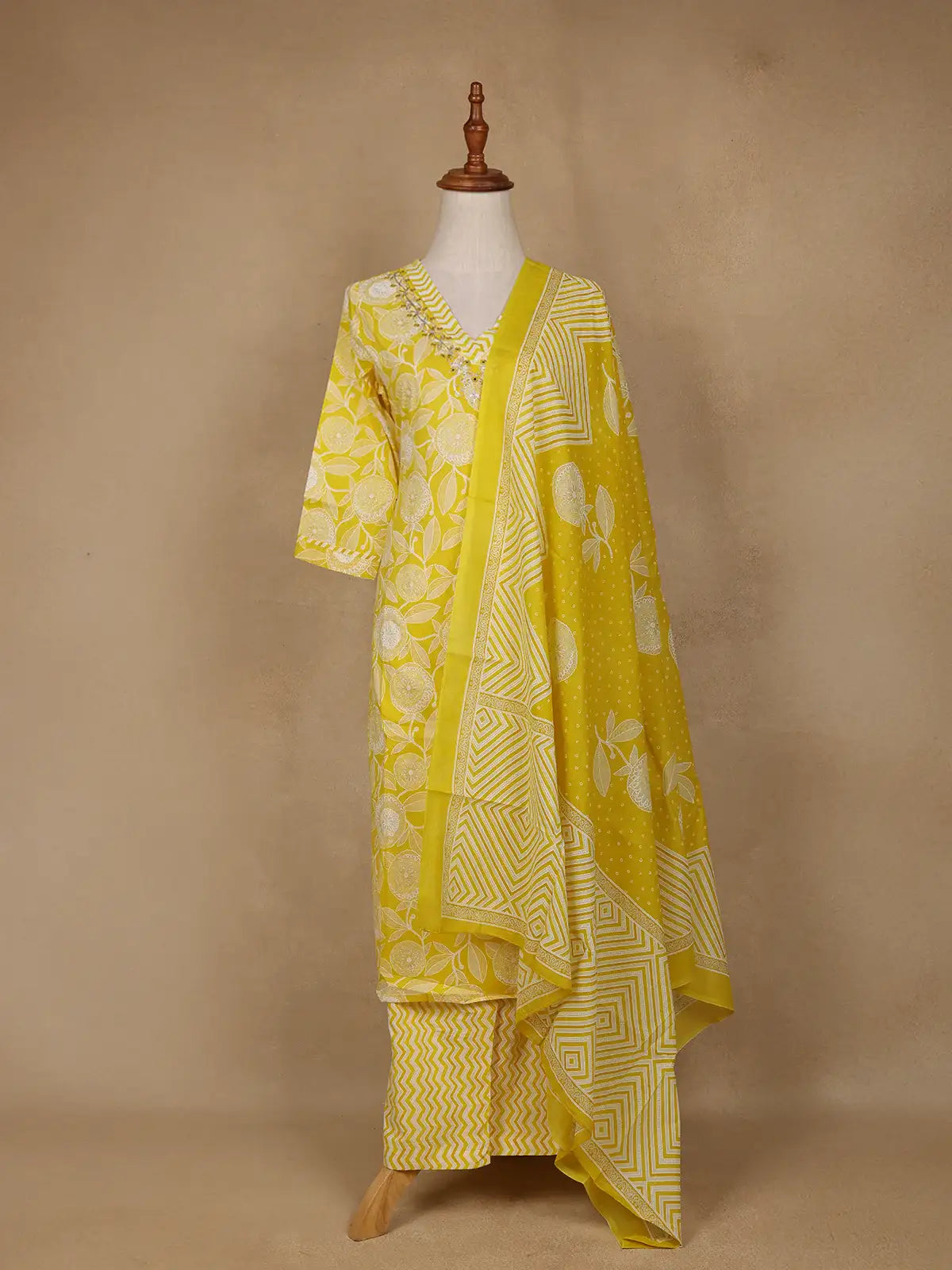 Yellow Floral Design Printed Cotton Salwar Suit - Diadem