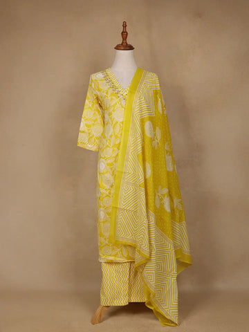Yellow Floral Design Printed Cotton Salwar Suit - Diadem