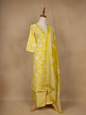 Yellow Floral Design Printed Cotton Salwar Suit - Diadem