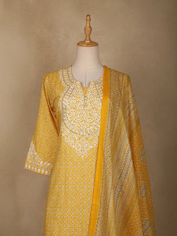 Yellow Floral Designed Cotton Straight Cut Salwar Suit - Diadem