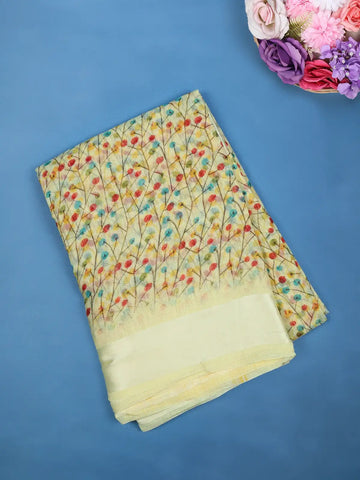 Yellow Floral Designed Fancy Cotton Saree - Diadem