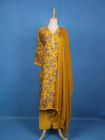 Yellow Floral Designed Raw Silk Salwar Suit - Diadem
